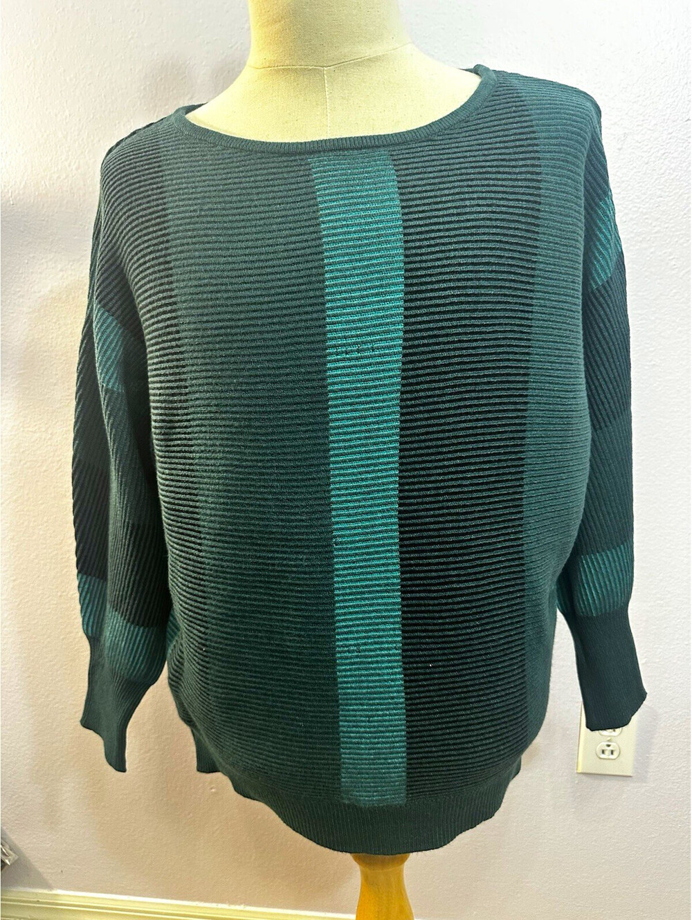 Liverpool Los Angeles Ribbed Knit Striped Pullover Sweater Green Teal PL